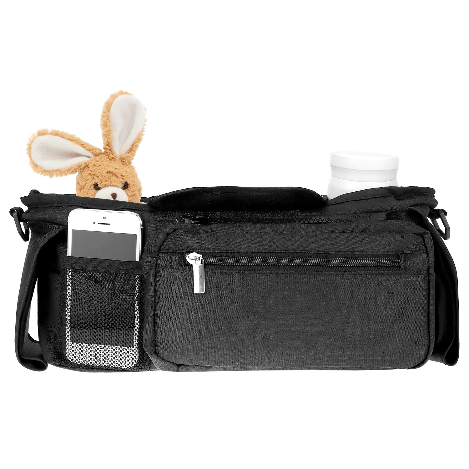 QWORK® Organizador de Cochecito Universal con portavasos aislantes, Bolsa removible y Correa de Hombro Ajustable - Negro