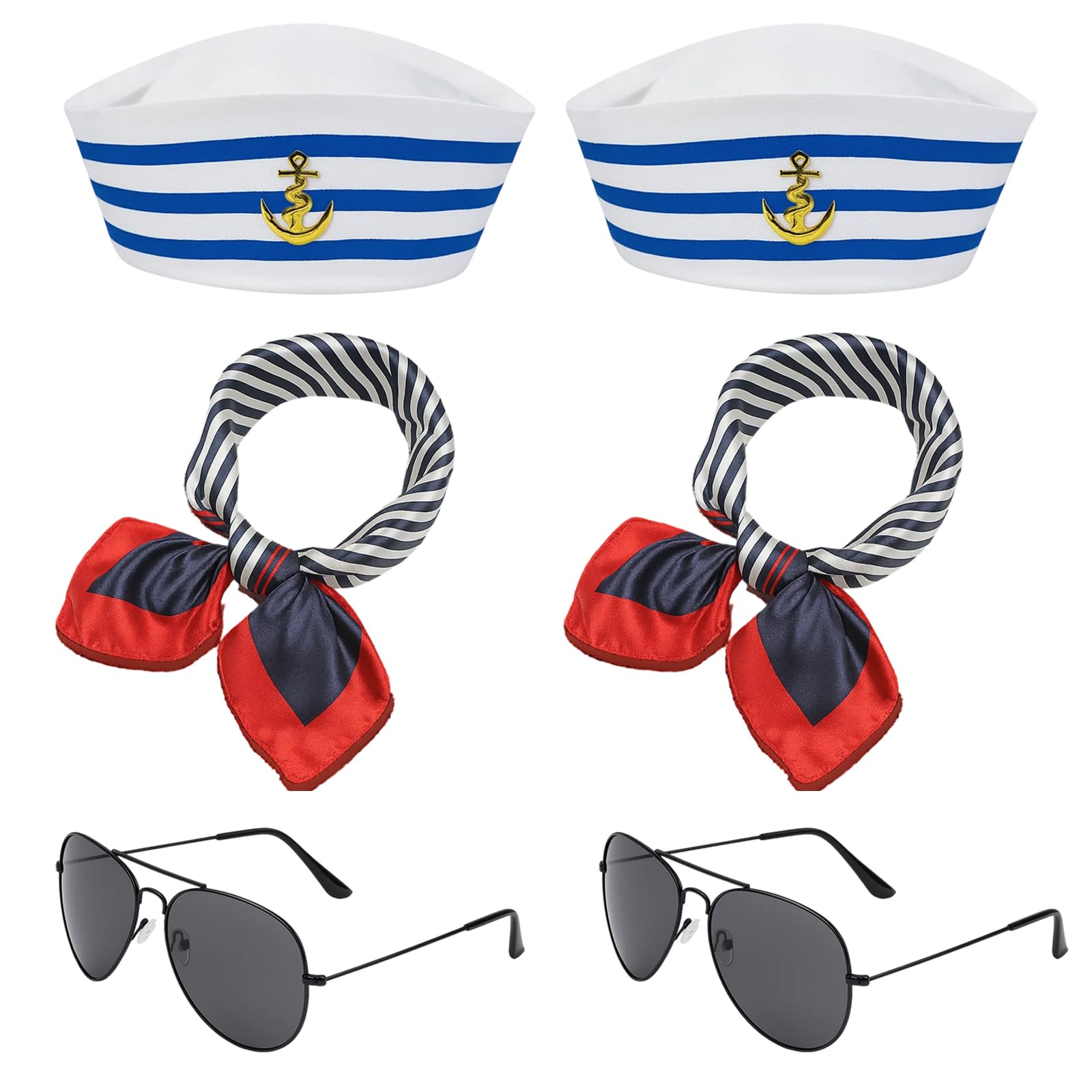 WonHey Sailor Hats, 6PCS Sailor Costume Set with 2 Sailor Hats, 2 Scarves, 2 Sunglasses for Women and Men, Sailor Outfit for Dressing Up Party age 14+