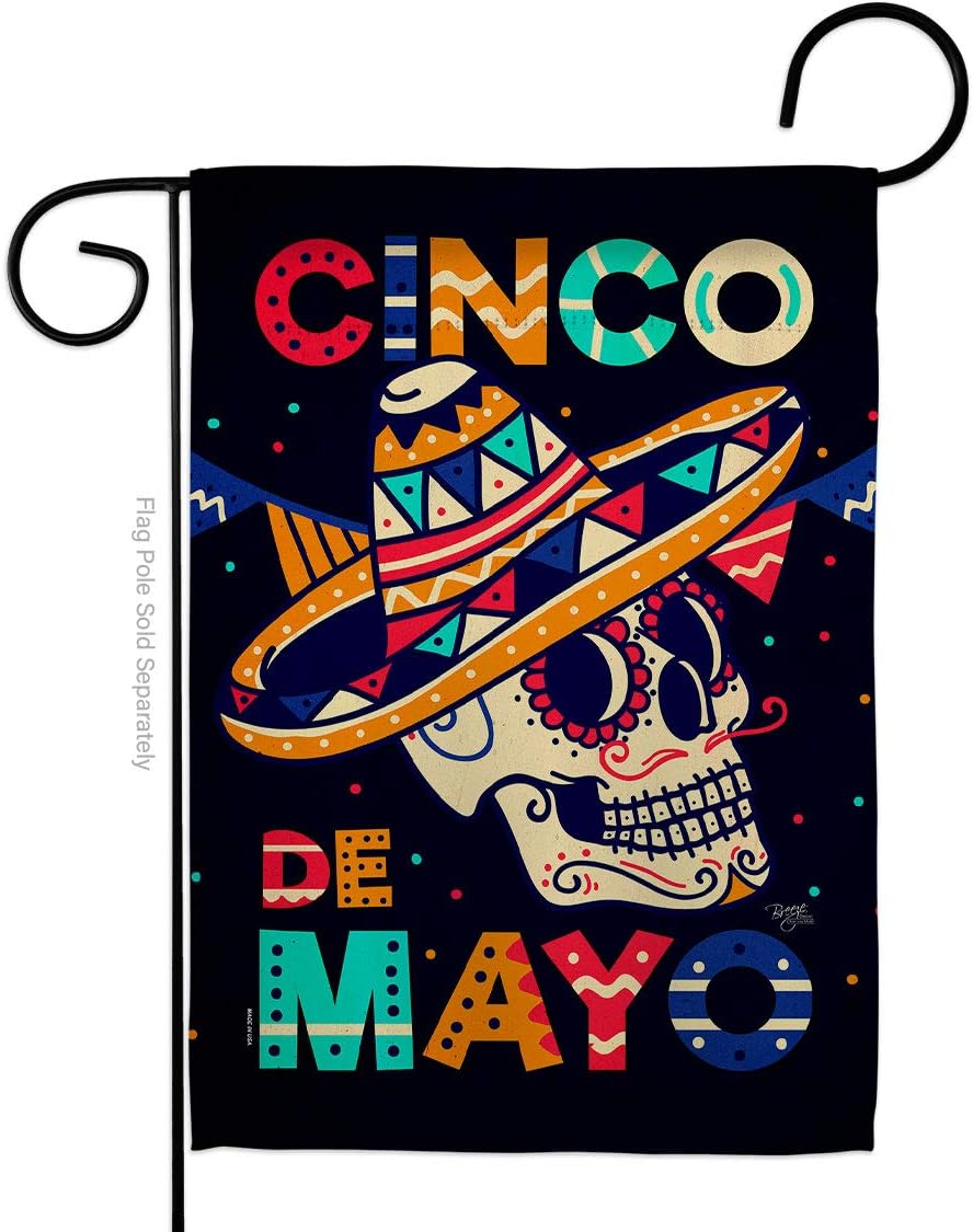 Breeze Decor Skull Cinco De Mayo Garden Flag - Summer Party Cactus Pinata Sombrero Mexican Fiesta Outdoor - House Decoration Banner Small Yard Gift Double-Sided Made in USA 13 X 18.5