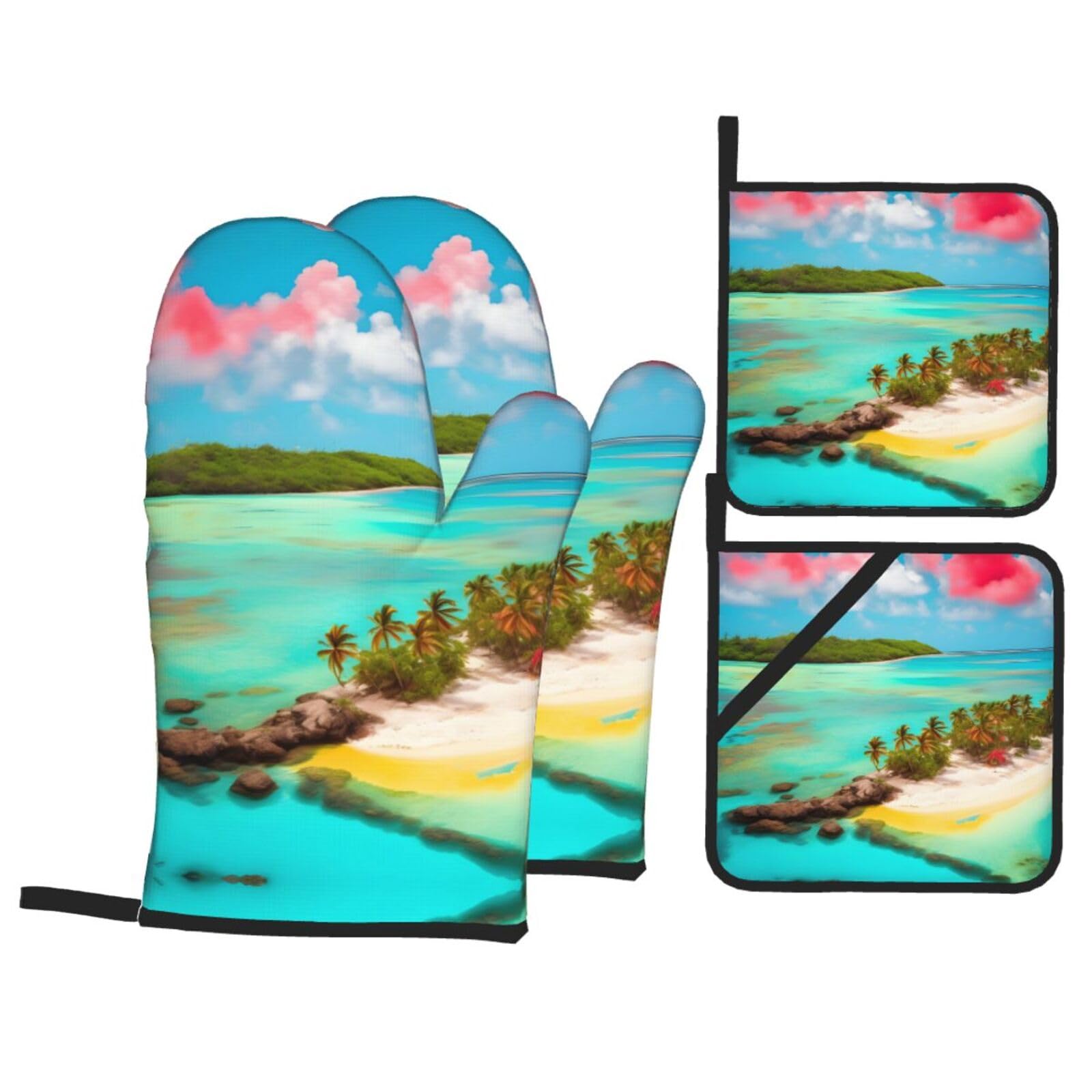 Caribbean Scenery Printed Baking 4-Piece Set, includes oven mitts and a heat-resistant mat, suitable for oven and BBQ use