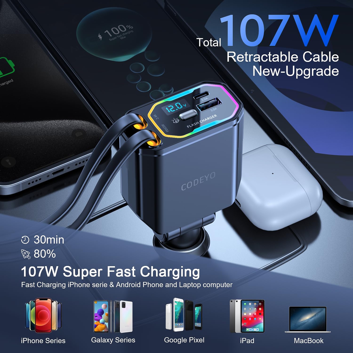 107W 4 in 1 Retrattile Caricatore Auto, Caricabatterie Telefono Auto Veloce, Ricarica Rapida PD 65 W, Adattatore Caricabatterie Auto per iPhone 16/15/14/13/12/11, Galaxy, Pixel, notebook USB-C