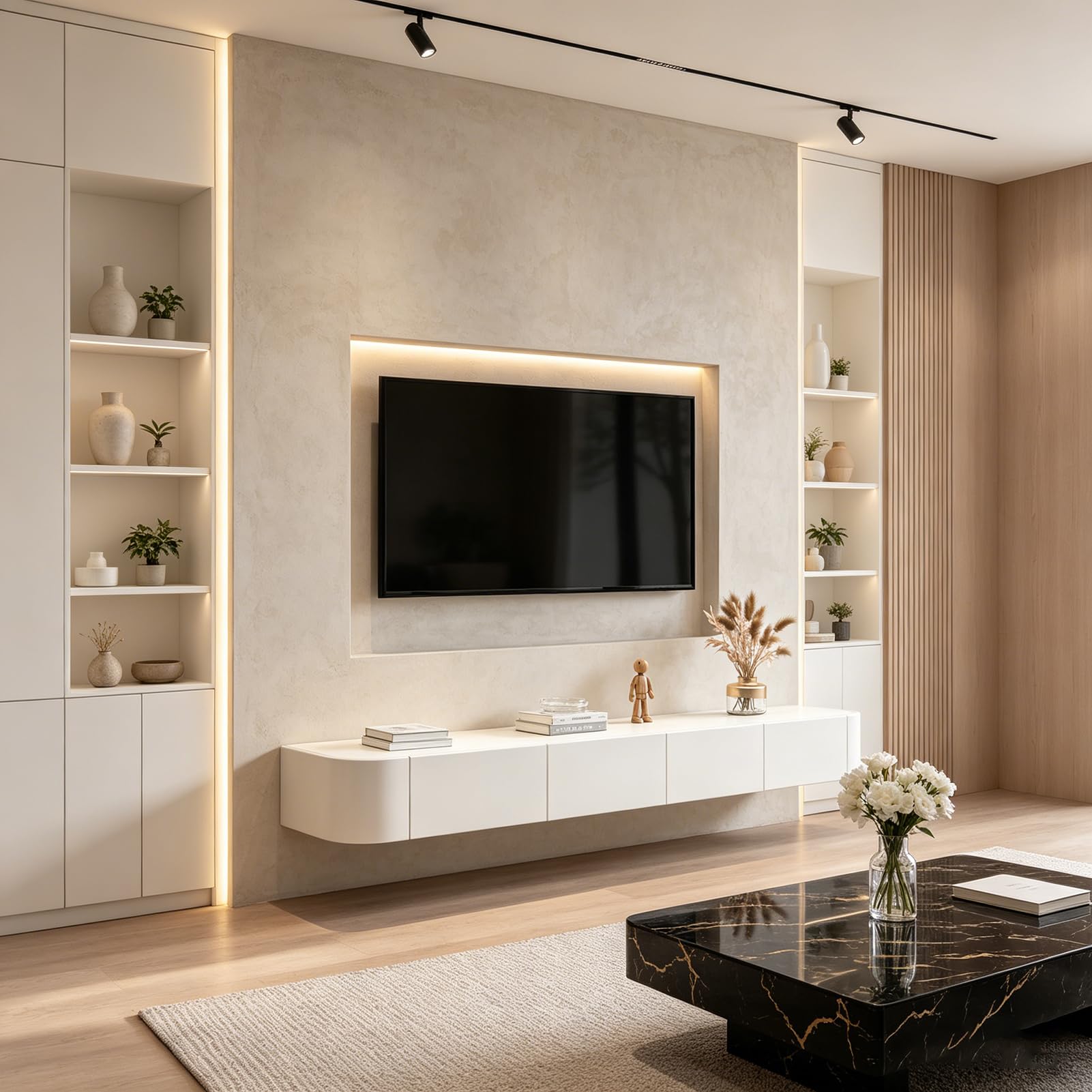 Mobile TV sospeso, bianco, 240 (2 x 120) cm, montaggio a parete con 2 cassetti e 2 ante, mobile TV sospeso, moderno, per soggiorno e camera da letto