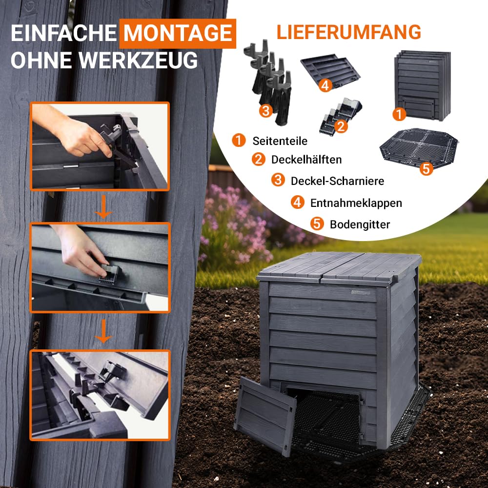 GARANTIA Thermo-Wood Komposter 600 Liter inkl. Bodengitter anthrazit-braun - mit moderner Optik für den Garten - werkzeuglos montiert und komfortabel nutzbar - aus Recyclingkunststoff samt UV-Schutz