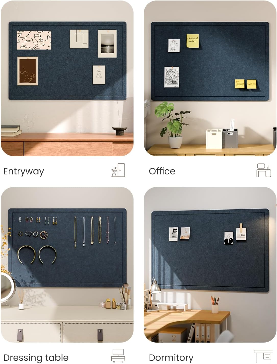 Fluxynara Bulletin Board,35.4" x 23.6" Cork Board Alternative with 12 Safe Removable Adhesive Tabs, Foldable Felt Pin Board for Home Office, Classroom, Bedroom,Entryway for Walls—Carbon Blue