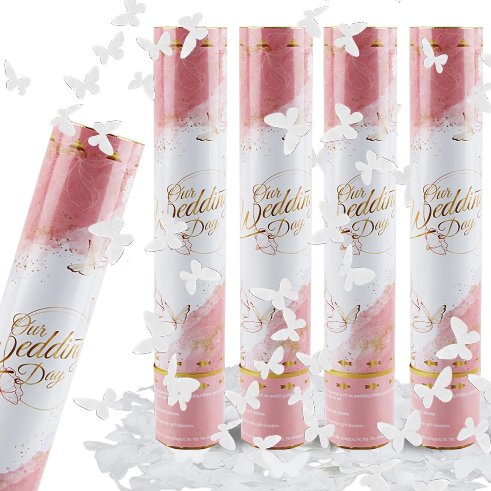 FePen Cañon Confeti Boda *4, Cañones de Confeti Mariposas, Confetti Cañón Biodegradable, Tubo de Confeti para Bodas, Compromisos, Celebraciones, para Interiores y Exteriores (Mariposa Blanca)