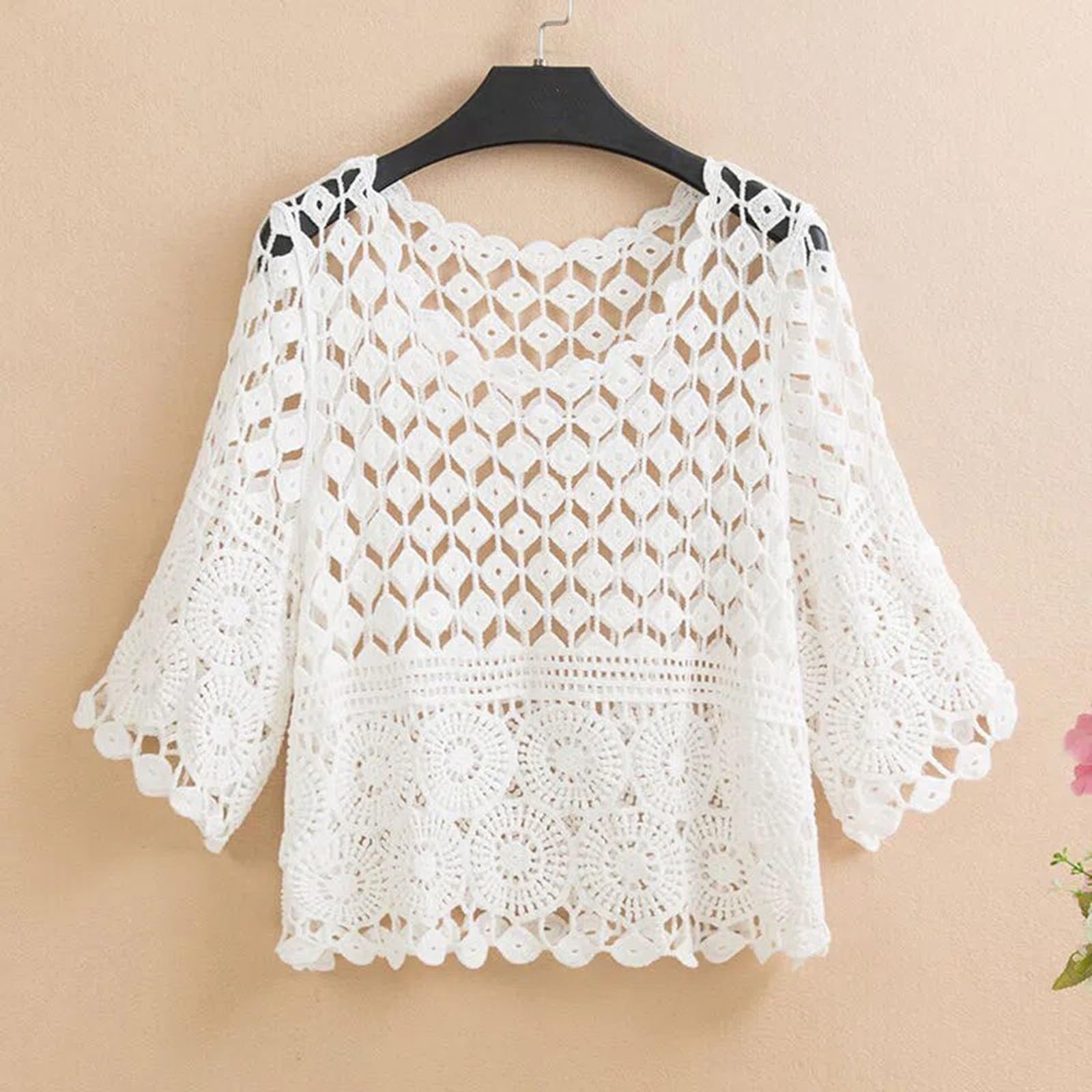 Top Estivi da Donna Intagliati a Maglia Crochet Manica 3/4 Coprispalle da Spiaggia Maglioni