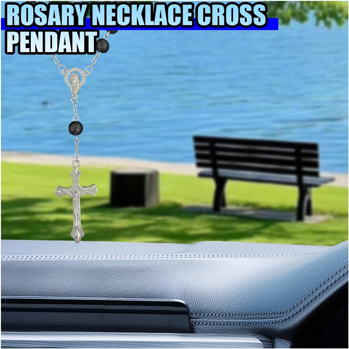 2PCS Car Rosary for Rearview Mirror, Cross for Car Mirror Hanging Accessories, Medal and Cross Rear View Mirror Charm, Universal Hanging Ornament Pendant for Women (Black) - Image 6