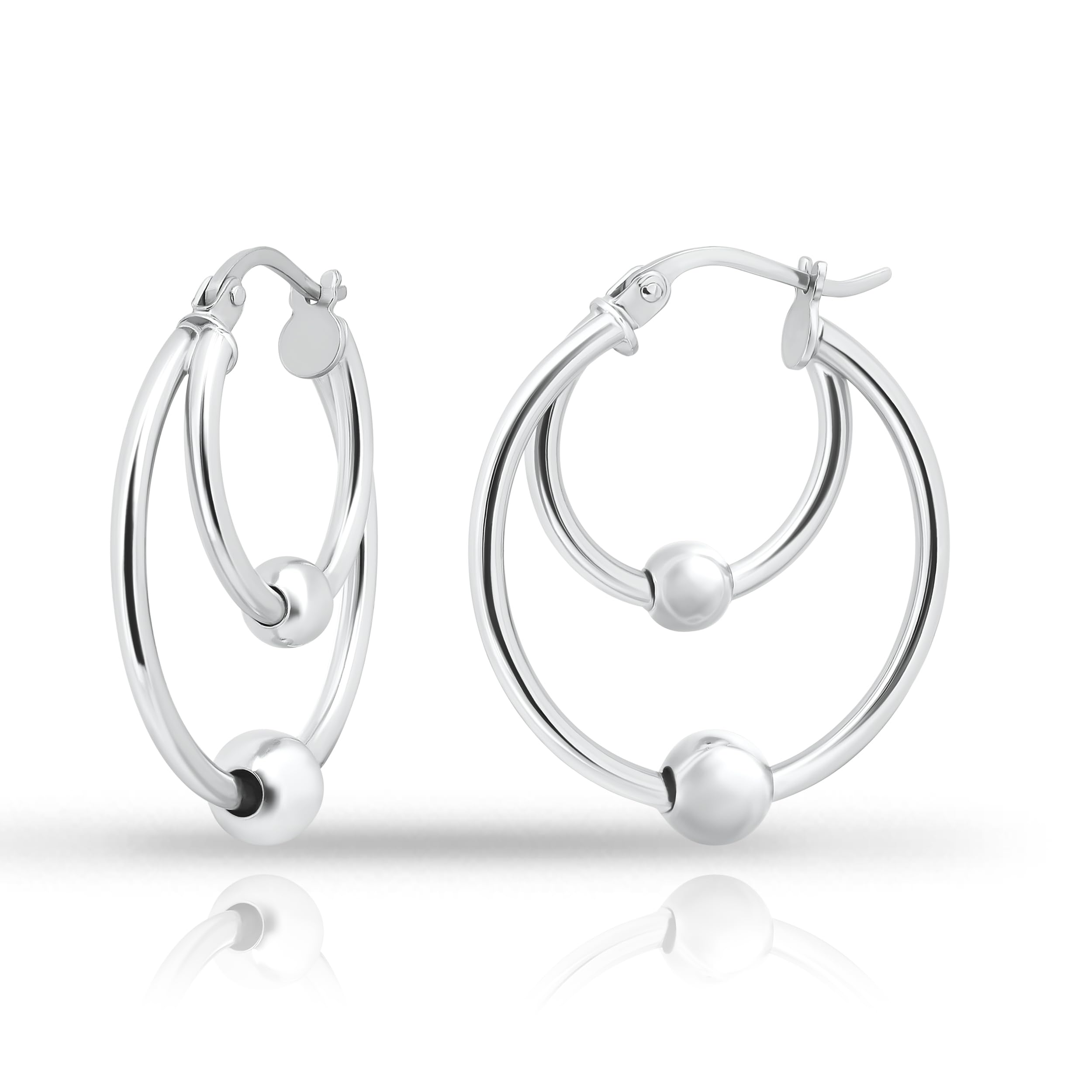 Hoops & Loops 925 Sterling Silver Double Loop Beaded Hoop Earrings for Women, 14k Gold/Rose Gold, Black Flash Plate 25mm High Polished Hypoallergenic