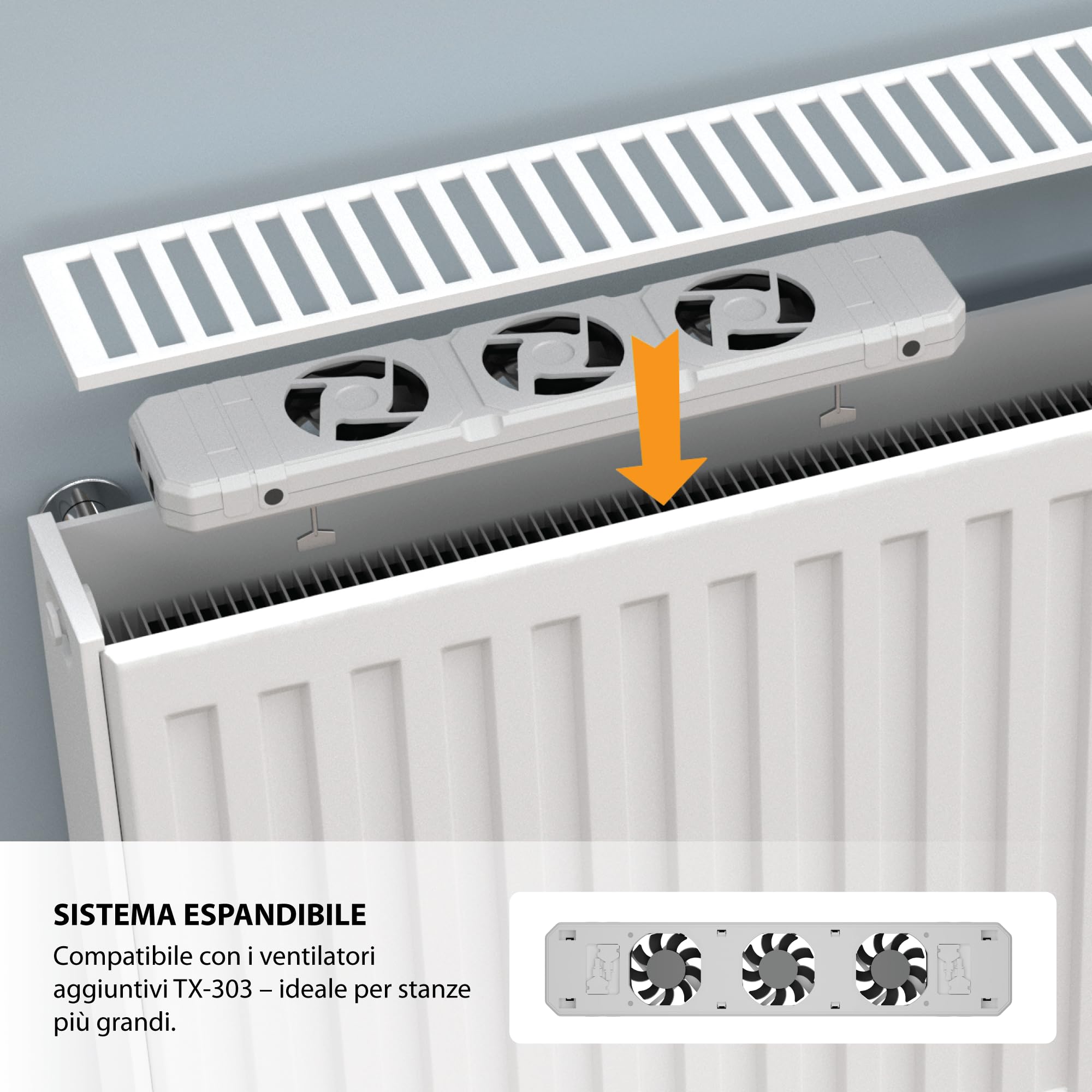 Technaxx Ventilatore per radiatore Mono Set per radiatori da 50–70 cm, potenziatore per radiatore con sensore di temperatura, accensione/spegnimento automatici, ultra silenzioso, consumo ≤1W - TX-302