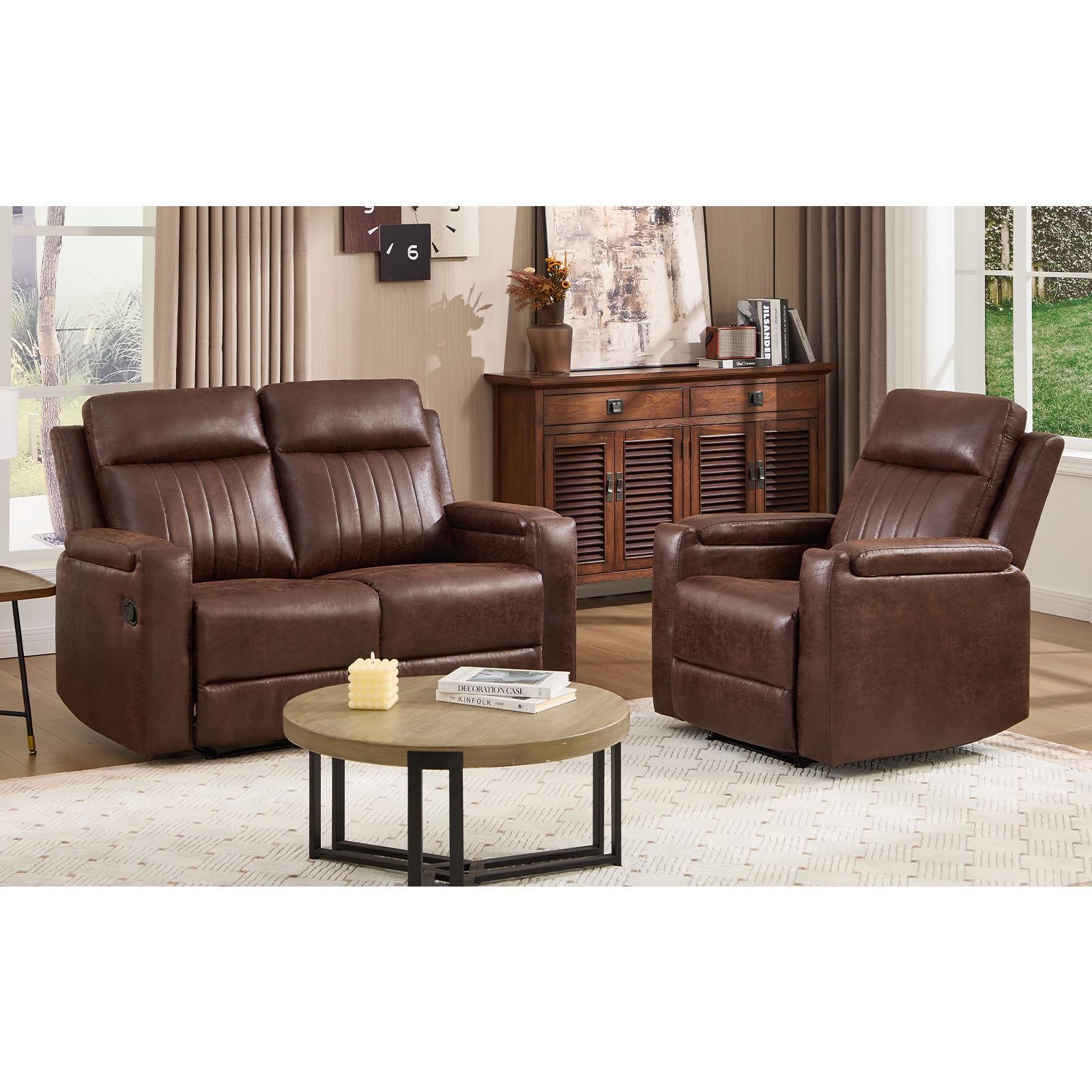 Manual Faux Leather Recliner Chair and 58 Loveseat Storage Cup Holder Red Brown