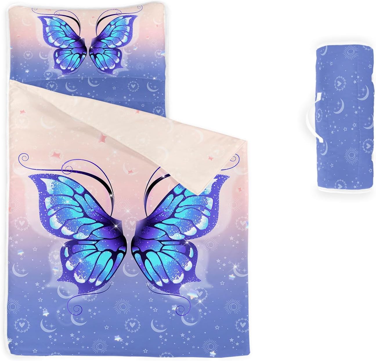 Space Nap Mat - Space Ship Galaxy Sleeping Bag with Removable Pillow - Daycare and Sleepovers Preschool Kindergarten Bedding Set for Kids Toddler Boys Girls Butterfly Watercolor Extra Long - 60"x21"