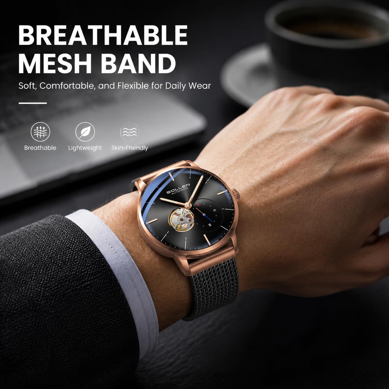 SOLLEN Relojes automáticos de esqueleto para hombre, relojes mecánicos minimalistas negros con manecillas luminosas y segunda subesfera, acero inoxidable, impermeable, elegante, de lujo, para uso