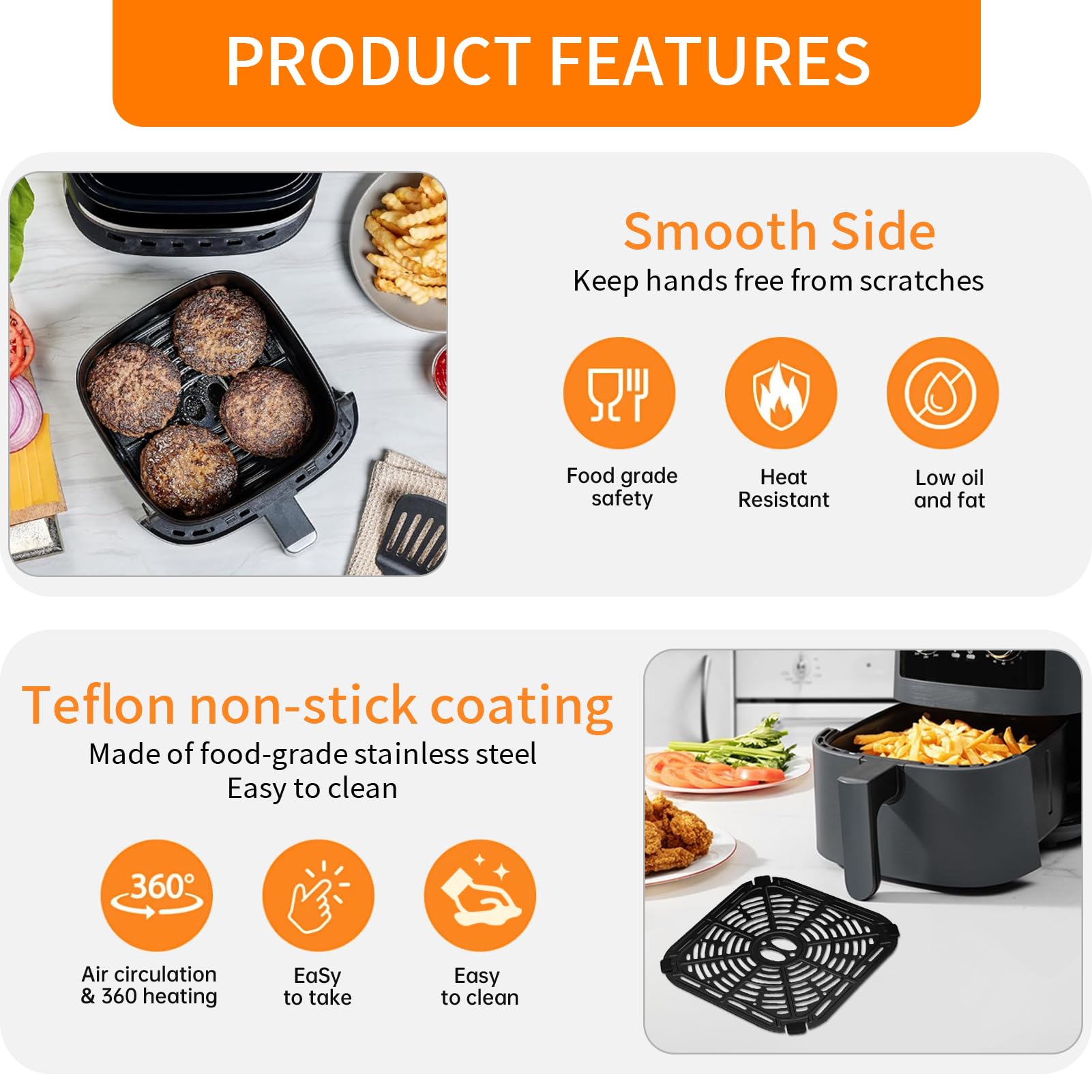 Air fryer Replacement Parts for BLACK+DECKER Purify 4QT Air Fryer, Upgrade 7.87×7.87 IN Air Fryer Pan Crisper Plate Accessories Tray Rack for Holstein Housewares 4.4QT Green Life 4.5QT Air Fryer