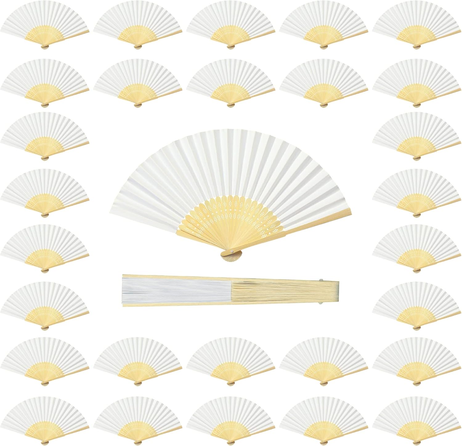 Coucoland 100 Pcs White Bamboo Folding Handheld Fan Hand Fan for Wedding Home Decoration Party Favors Bridal Dancing Party