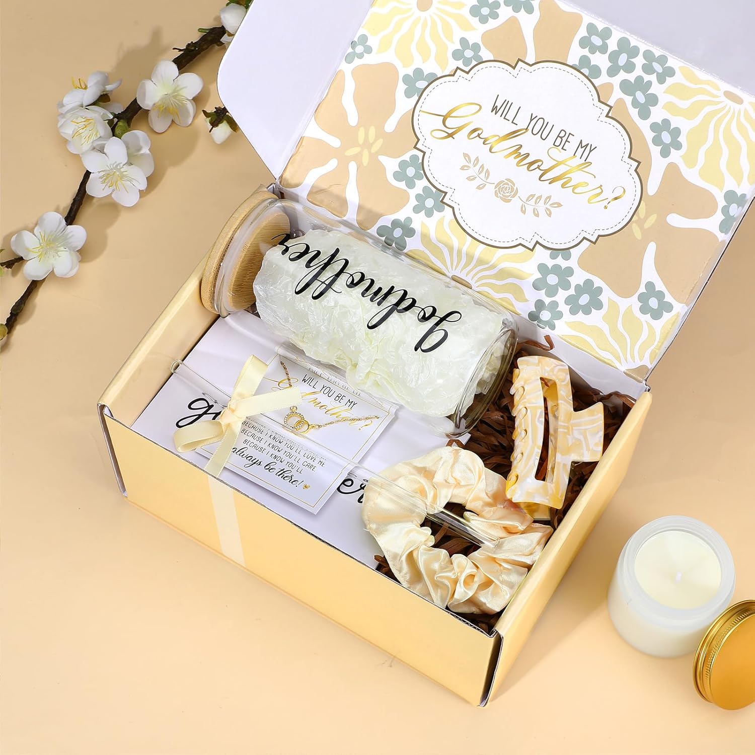 Honeydak 8 Pcs Godmother Proposal Gift Set Will You Be My Godmother from Godchild 16oz Glass Cup Necklace Trinket Ring Dish Gift Box for Mother's Day Birthday Baptism Christmas(Champagne Gold) - Image 5