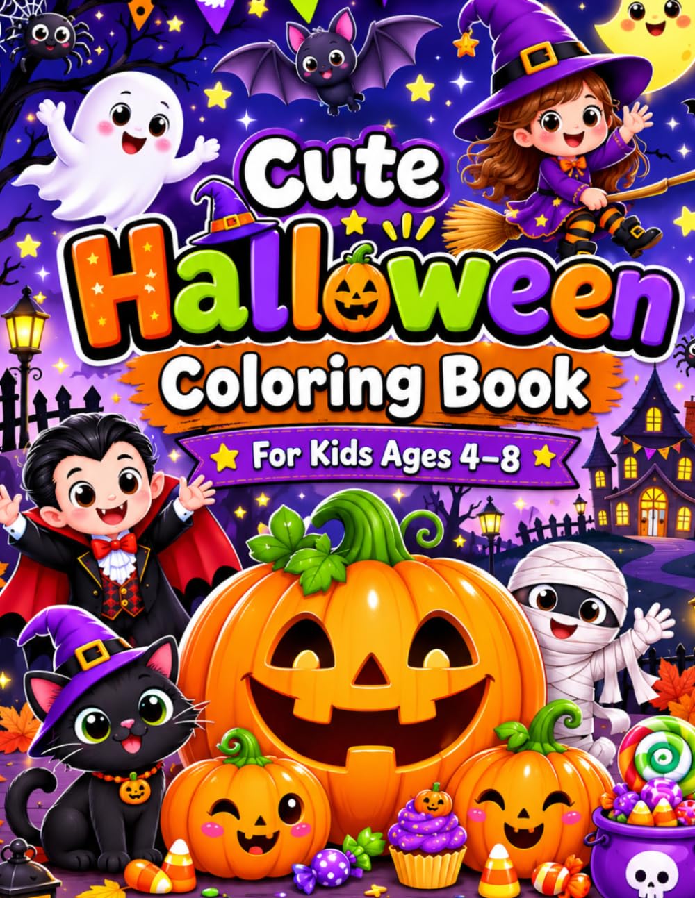 Cute Halloween Coloring Book for Kids Ages 4–8: Fun and Easy Halloween Coloring Pages with Cute Pumpkins, Friendly Ghosts, Witches, Bats, Cats, Monsters, Mummies, Candy, and Spooky Fun