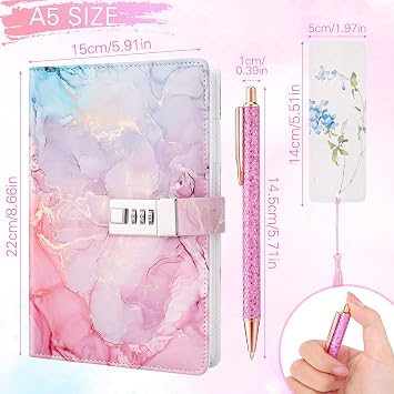 Pink Secret Diary with Lock for Kids | UV Leather Journal with Lock Kid Password Journal Notebook Kit with Pen Bookmark for Back to School Birthday Festival Present
