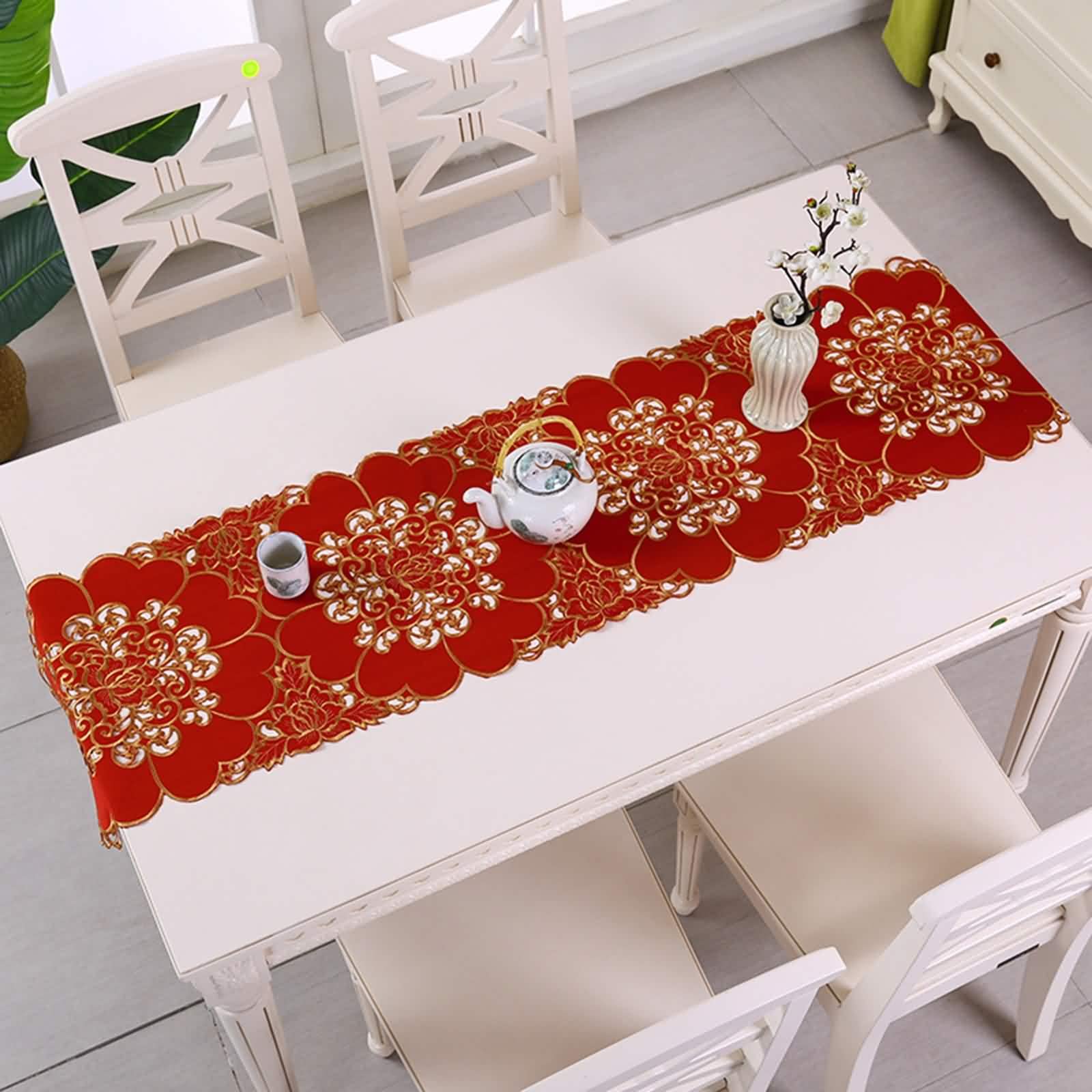 Chemin Table Anniversaire, Chemin de Table Rouge Saint Valentin Coton Polyester 38x210CM Broderie Creuse Interieur