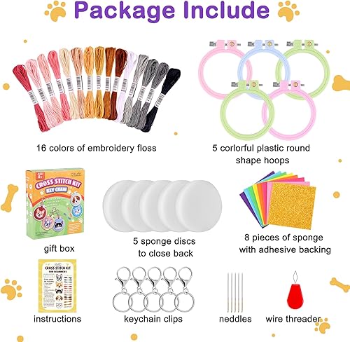 Miniatura 2 de Caydo 5 kits de punto de cruz para niños con patrones de gatos y perros, kits de punto de cruz estampados para principiantes, llavero, dijes de