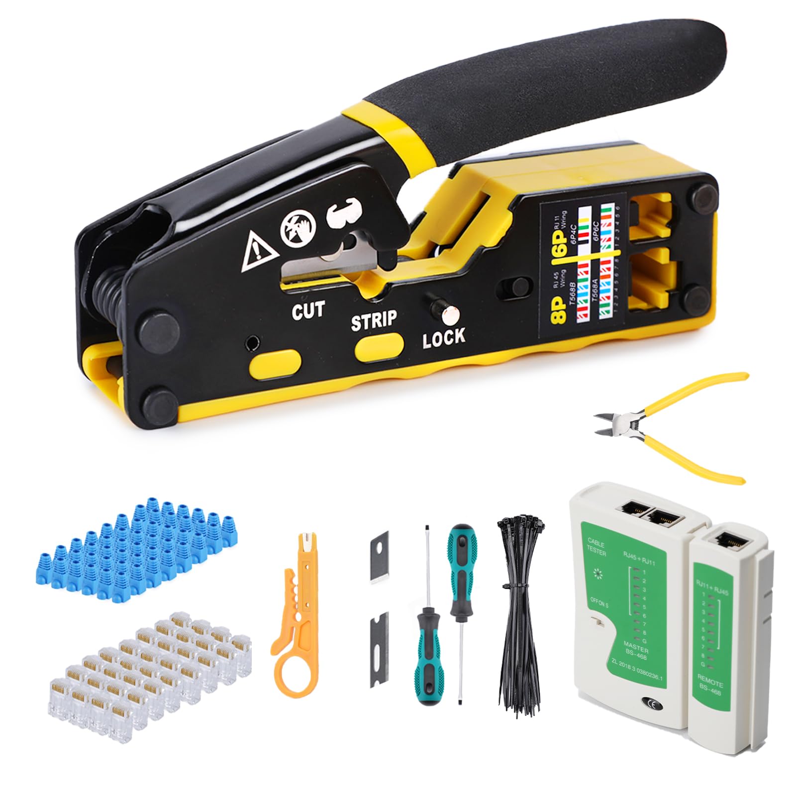 RJ45 Crimp Tool Kit Pass Through Crimper Ethernet Crimping Kit Cat5e Cat6 Plugs Crimping Tool Kit for RJ11/45 6P/8P with Network LAN Cable Tester, 50Pcs Cat 6 Pass Through Connectors