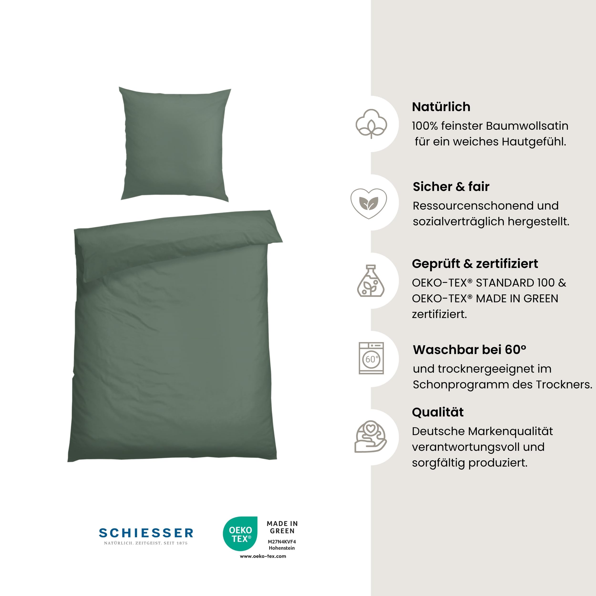 Schiesser Bettwäscheset Ella | 2-teilig | Uni | Satin | 100% Baumwolle | Oeko-TEX | Reißverschluss | 135x200cm + 80x80cm | Dunkelgrün