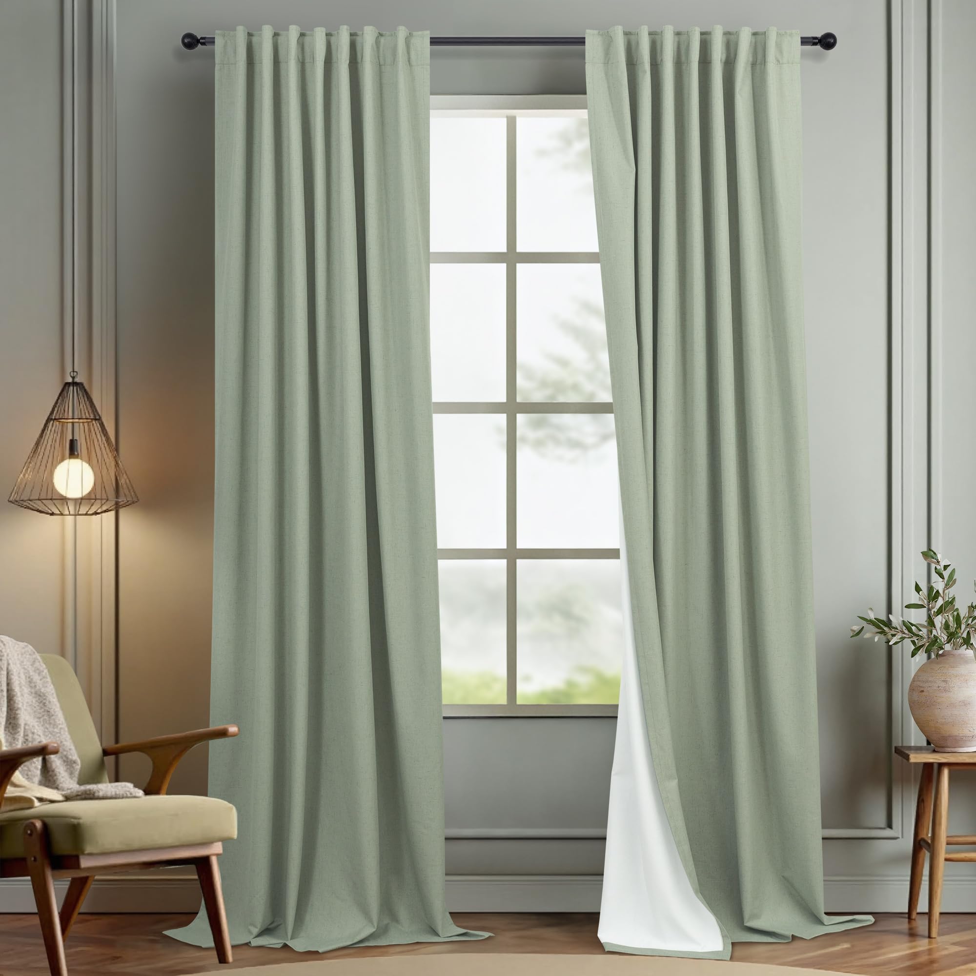 Sage Green Curtains 84 Inch Length 2 Panels Set for Bedroom Back Tab Blocking Light Sage Boho Blackout Linen Drapes Thermal Insulated Black Out Room Darkening Window Curtain for Living Room 52x84 Long