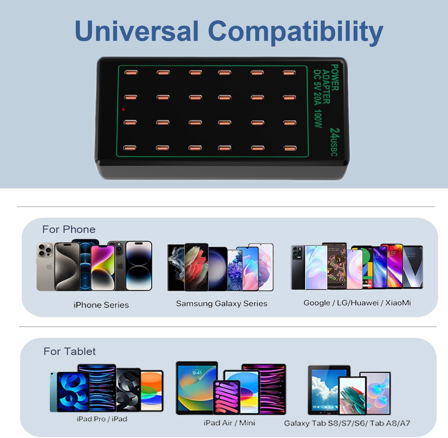 Multi Port USB Charging Station 24 Port 100 watt (20 A), USB Multi Port Charger Station Charging hub USB C Charger Block for Multiple Devices Compatible with Smartphones, Tables, and More Devices
