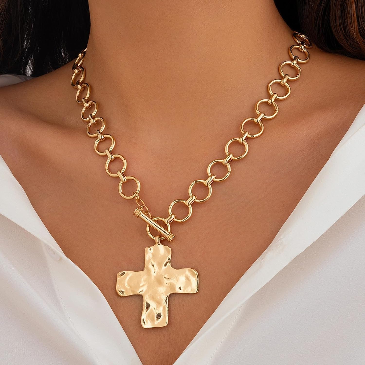 Chunky Heart Necklace Gold Statement Cross Necklace Silver Heart Pendant Valentines Necklace Accessories for Women Valentines Day Gifts Galentines Gifts - Image 3