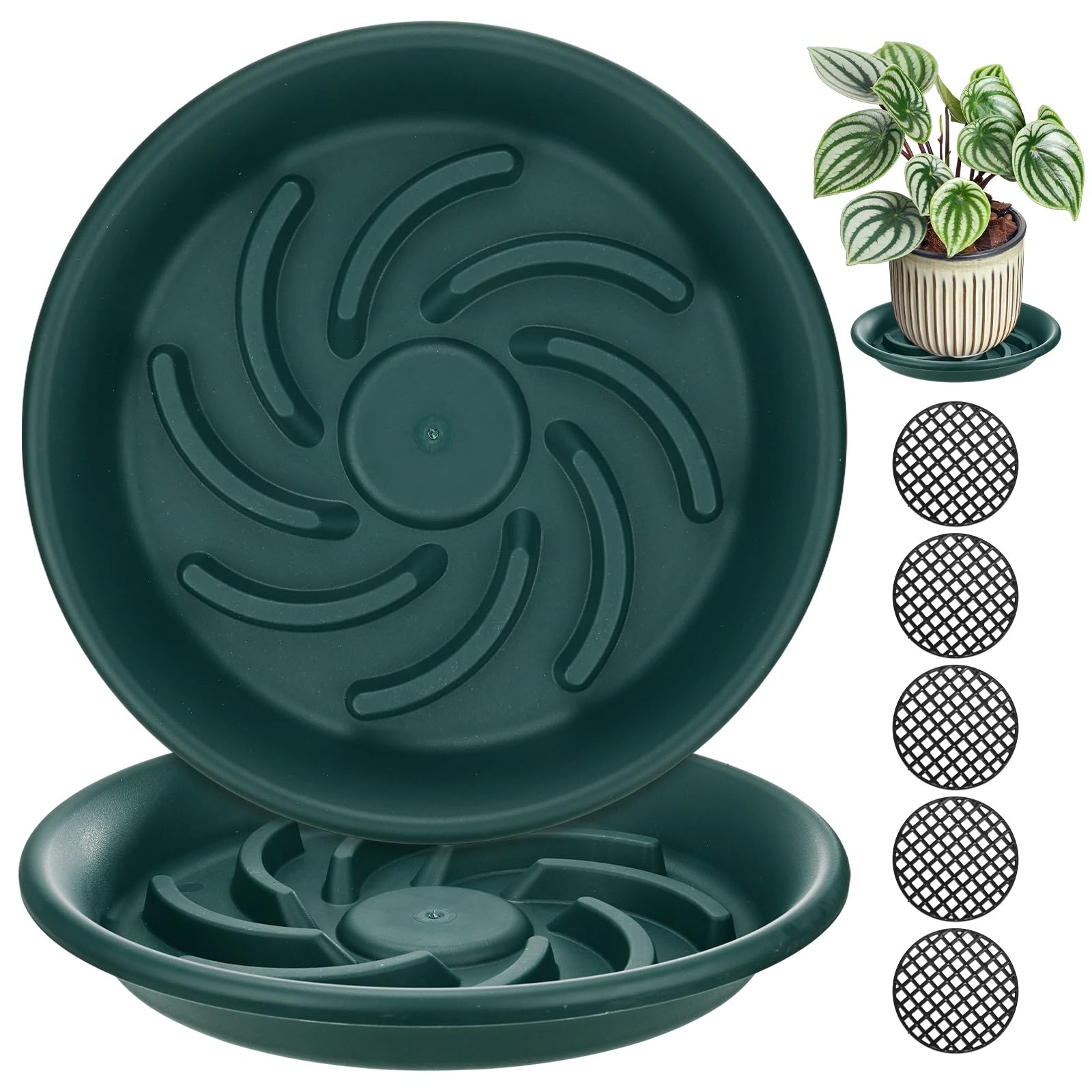 M METERXITY 2-Pack Plant Saucer, 10.4 Inch/ 26.5cm Plastic Plant Trays Thicker for Pots/Indoor/Outdoor/Water Drainage and Protection, Flowerpot Drip Tray [Dark Green]