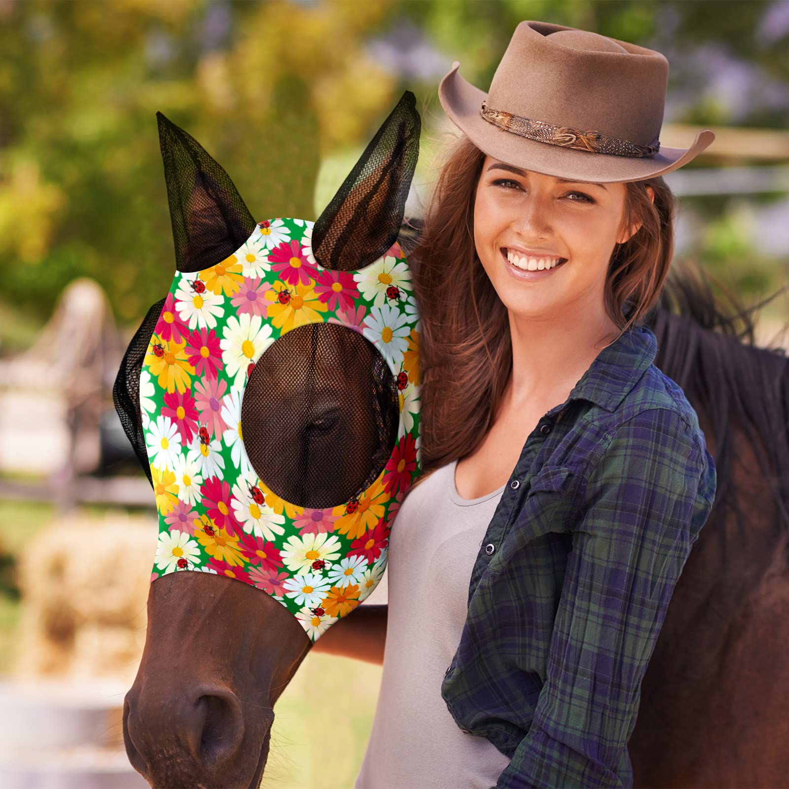 Qualirey 12 Stück Pferd Fliegenmaske Bulk Bequeme Elastizität Maske für Pferde mit Ohren Netz UV Schutz Atmungsaktive Pferdebedarf Gesichtsbedeckung für Pferd Pony und Fohlen (Blumenmuster, Medium)