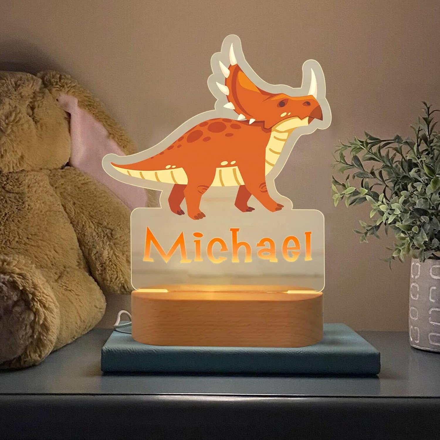 Personalised Dinosaur Night Light, Dinosaur Print, Kids' Bedroom Triceratops Light
