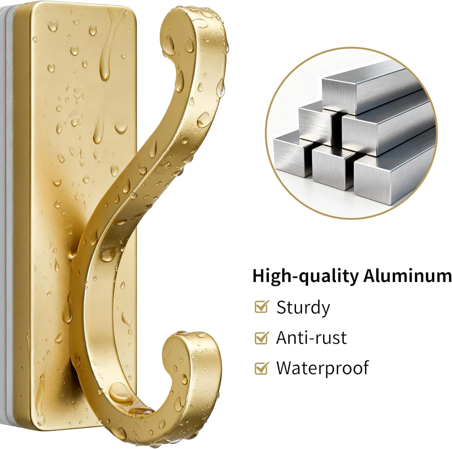 4 Pack Self Adhesive Coat Hooks - Gold Sticky Hangers Wall Mount, Holds 13Lbs for Clothes, Towel, Robes, Keys, Double Hooks for Bathroom, Bedroom and Door.