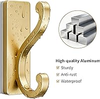 Vista 4 de 4 Pack Self Adhesive Coat Hooks - Gold Sticky Hangers Wall Mount, Holds 13Lbs for Clothes, Towel, Robes, Keys, Double Hooks for Bathroom, Bedroom
