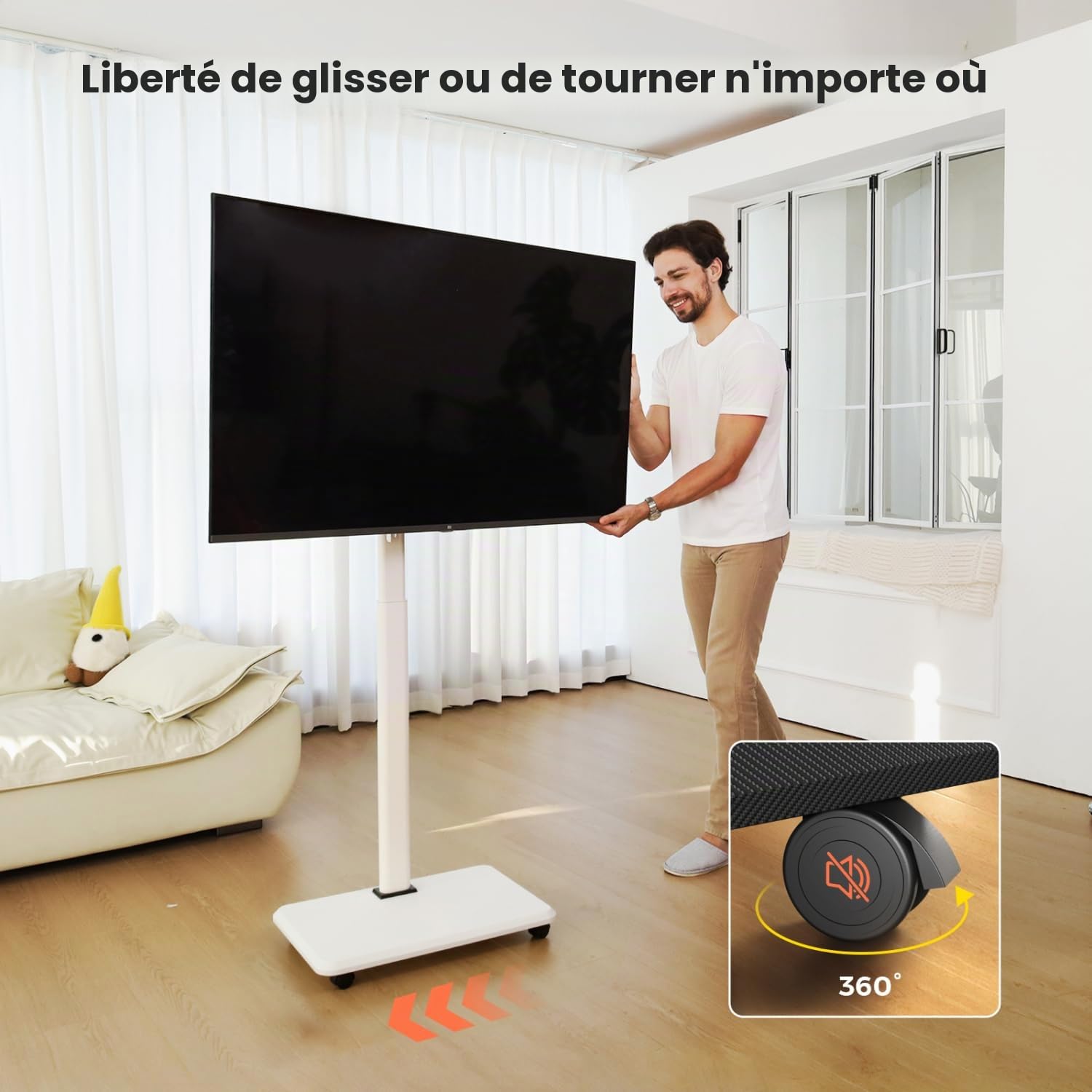 NearHub Support TV sur Pied pour TV 26-70 Pouces, Support TV roulettes Réglable en Hauteur (6 Niveaux), Rotation ±25°, Charge Max 40 kg, Norme VESA 100x100mm-600x400 mm, Blanc