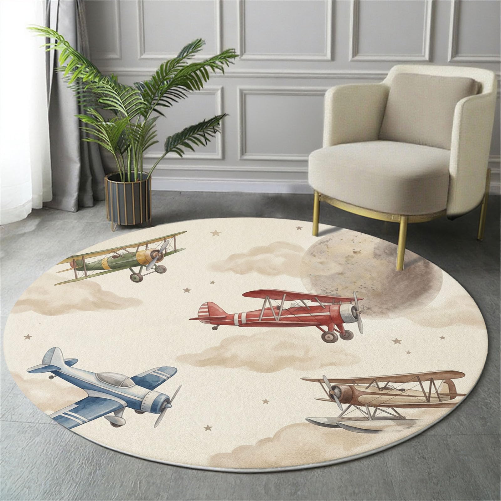 Tappeto Rotondo 160cm Stile acquerello da cartone animato Pelo Corto