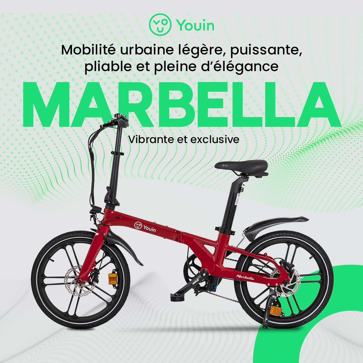 Youin Marbella Vélo électrique Pliant Urbain Rouge 20 Pouces Moteur 250W Batterie intégrée 36V autonomie 40 km Freins hydrauliques 7 Vitesses léger Compact.