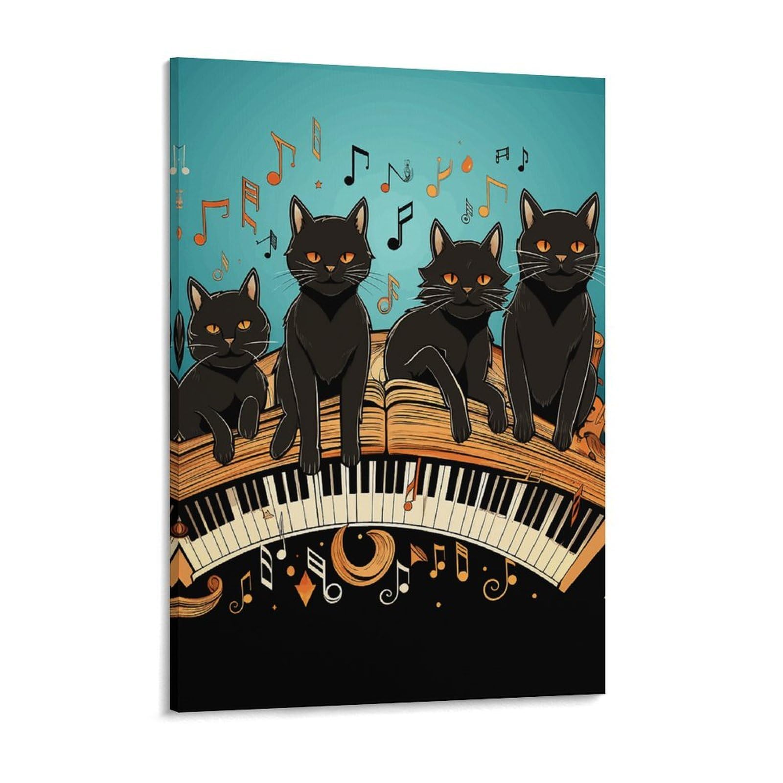 NTVOWPZO Four Black Cats Lying on The Piano Keyboard Canvas Wall Art for Bedroom 18x24inch Canvas Prints Artwork for Walls Modern Picture Artwork Painting for Living Room Aesthetic Wall Paintings for