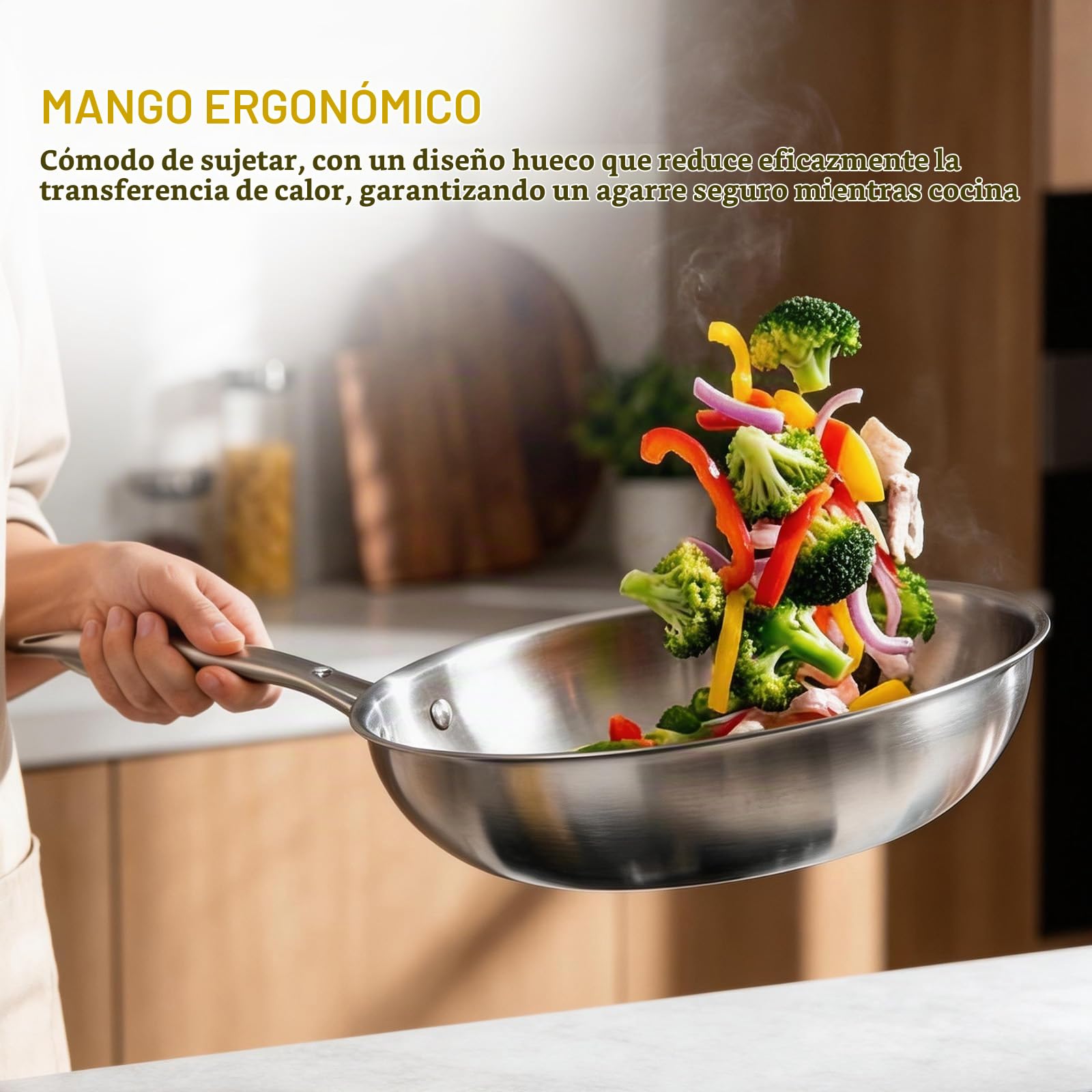 Sartén Acero Inoxidable 30cm con Tapa,Triple Capa,Mango Frío Ergonómico | Inducción, Sin Antiadherente Sin Tóxicos,Horno 400°C