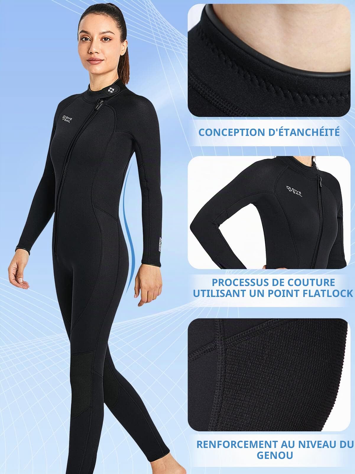 Combinaison Hommes Femmes Combinaisons de Plongée Corps Complet 3mm Néoprène Front Zip Manches Longues Peau de Plongée pour Natation Snorkeling Plongée Surf Rafting