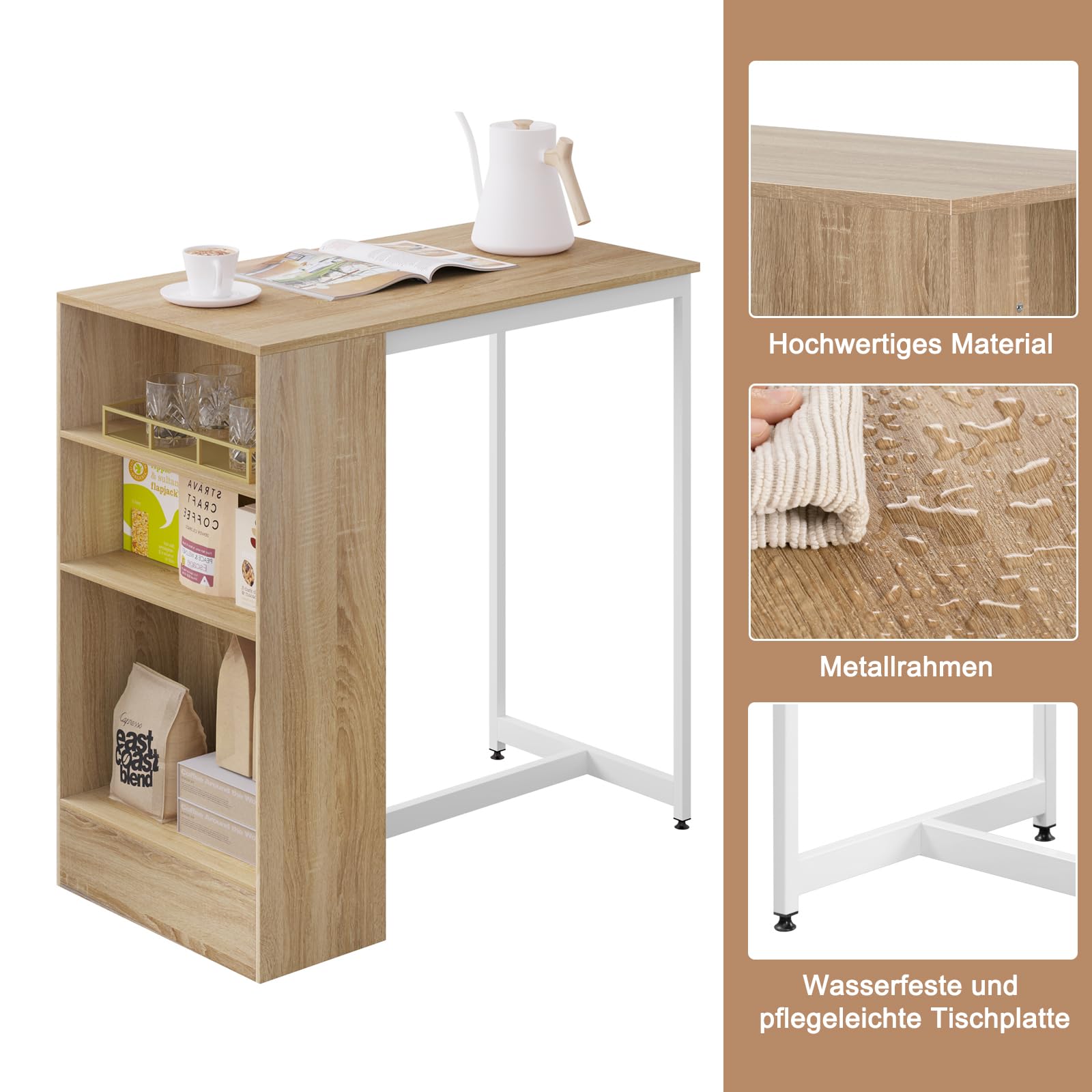 WOLTU Bartisch 90 x 50 x 90 cm, Stehtisch mit 3 Ablagen, Bistrotisch Bartheke aus Metall & Holz, Küchentheke Tresentisch für Bar Küchen Wohnzimmer, Helle Eiche+Weiß