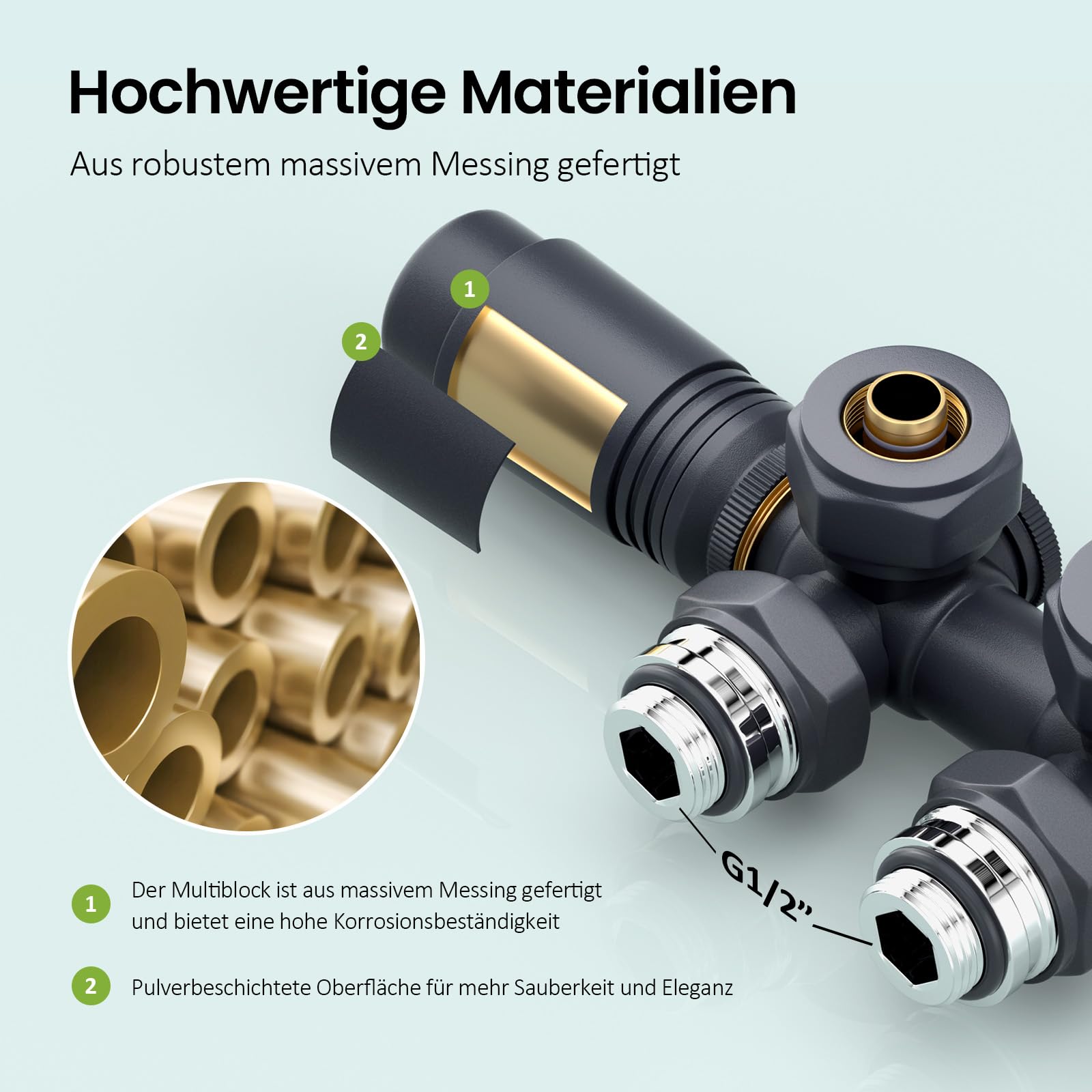 S'AFIELINA Zestaw Multiblock 50mm z głowicą termostatyczną, Zawór do grzejnika łazienkowego 2-w-1 Ściana/Podłoga, Złączki PEX 16mm i Miedź 15mm, Przyłącze środkowe dolne G 1/2", Anthrazit