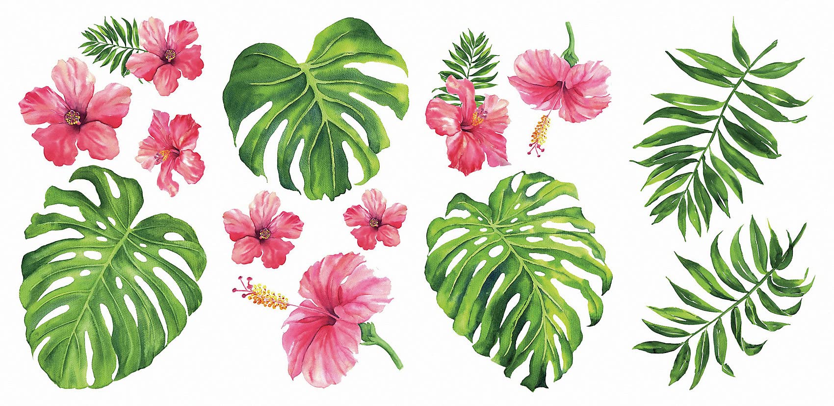 RoomMates RMK3904SCS Tropical Hibiscus Flower Peel and Stick Wall Decals, Pink, Green, Orange