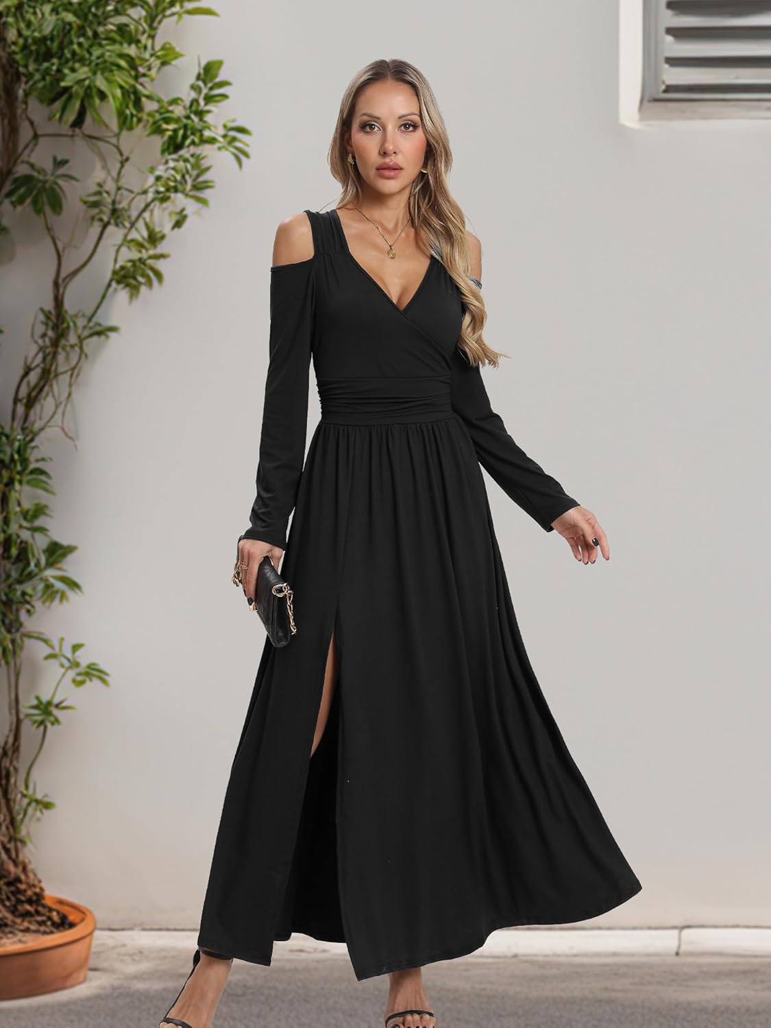 Tehoao Women Long Sleeve Maxi Dress with Slit Deep V Neck Cold Shoulder Casual Dresses for Women Club Party Dress - Image 8