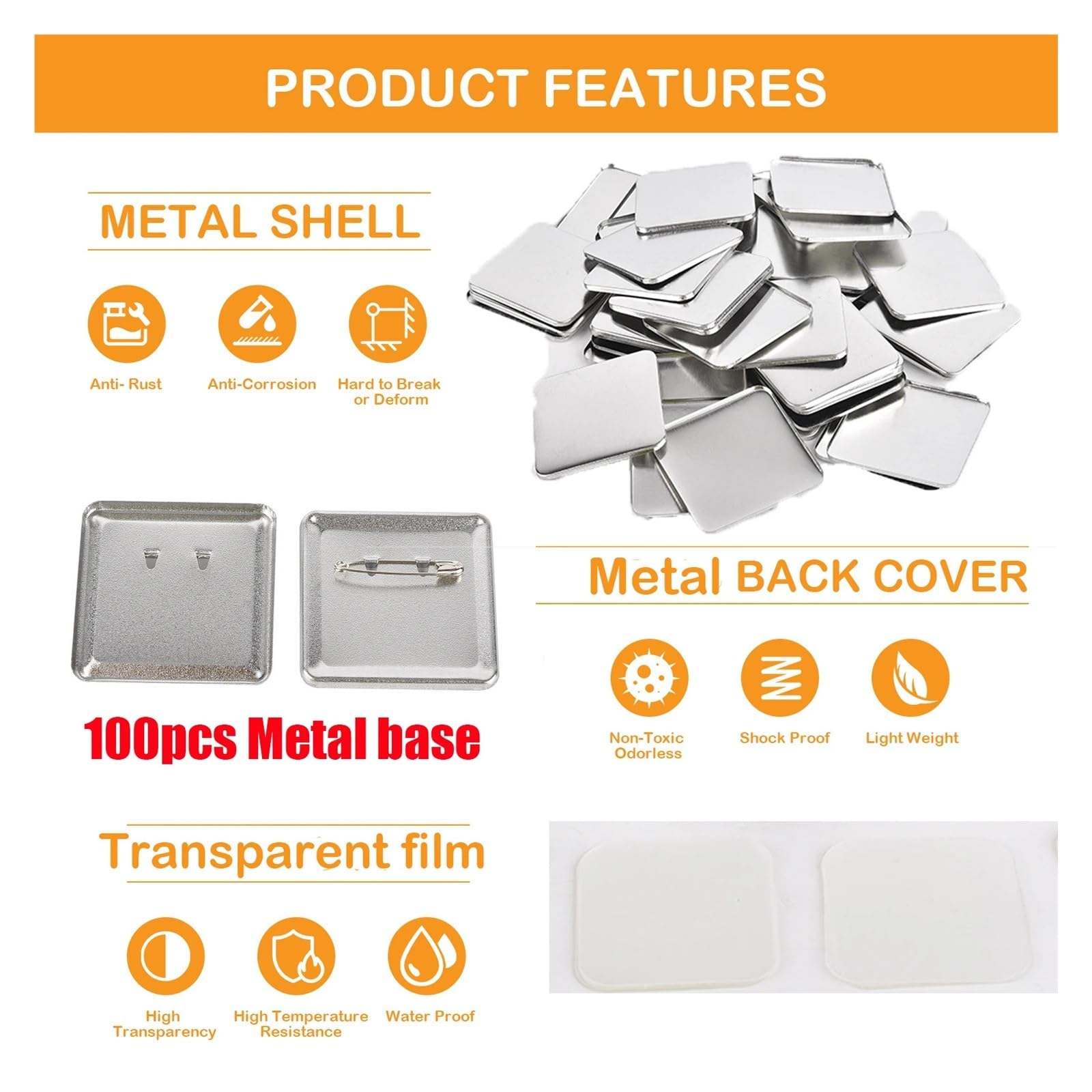 100 szt./zestaw 50 * 50 mm kwadratowych odznak z tyłu guzika części do maszyny produkcji guzików metalowe materiały ​​produkcji pin Wszechstronność dla rzemiosła