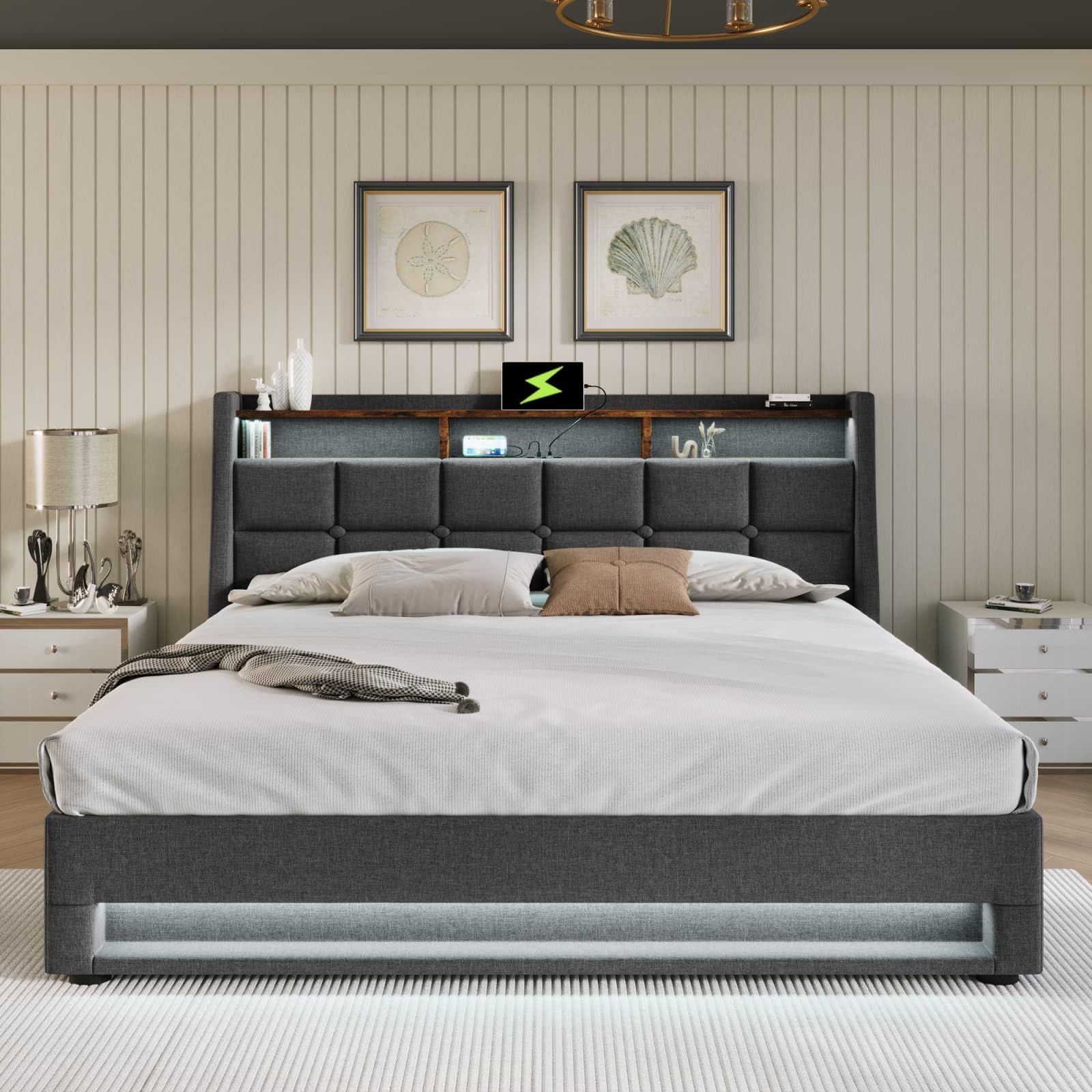 Letto matrimoniale imbottito, con luci LED e testiera, lino - 160x200cm