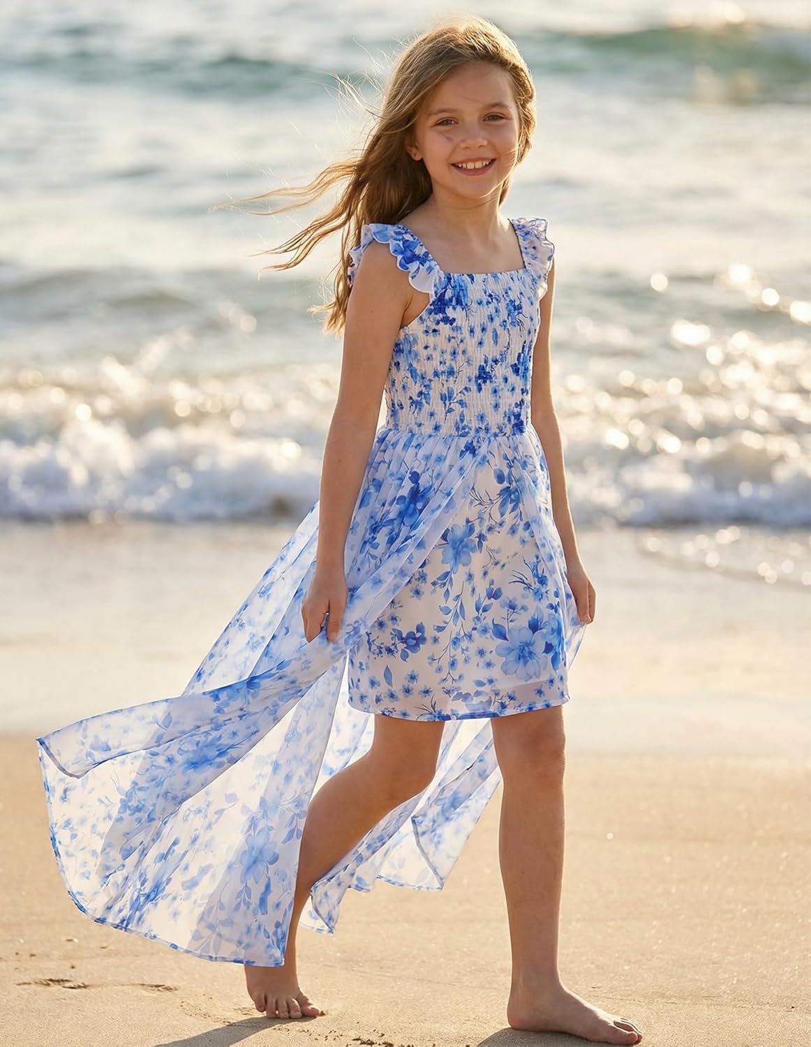 GRACE KARIN Girls Hawaiian Floral Smocked Dresses, Girl Flutter Sleeve Spring Summer Dress, Kids Easter Maxi Long Dresses - Image 2