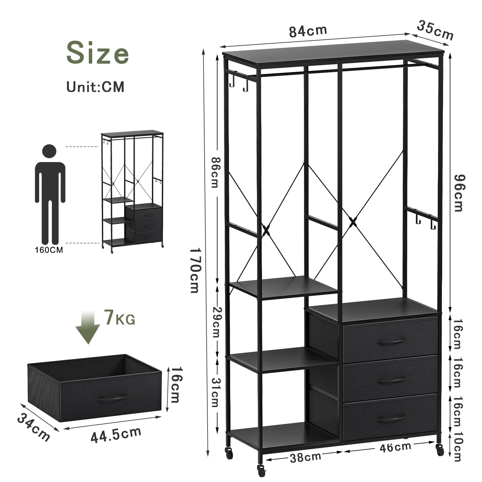 Appendiabiti con Cassetti, Stand Appendiabiti, Armadio Aperto, Guardaroba, Attaccapanni Moderno, Ripiani Regolabili, 4 Ganci, Nero