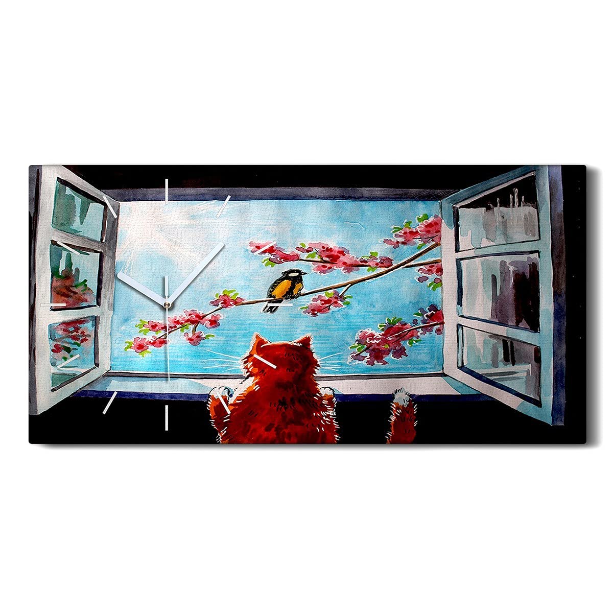 Horloge sur toile décoration murale art moderne branche chat oiseau