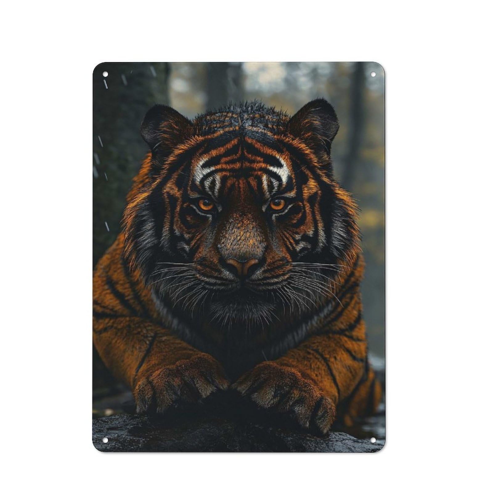 Junmoney Style-11 Tin Wall Plaque 40X30cm With Majestic Tiger Portrait In The Rain For Guest Room Or Hallway, A Decorative Christmas Gift For Home Decor Collectors