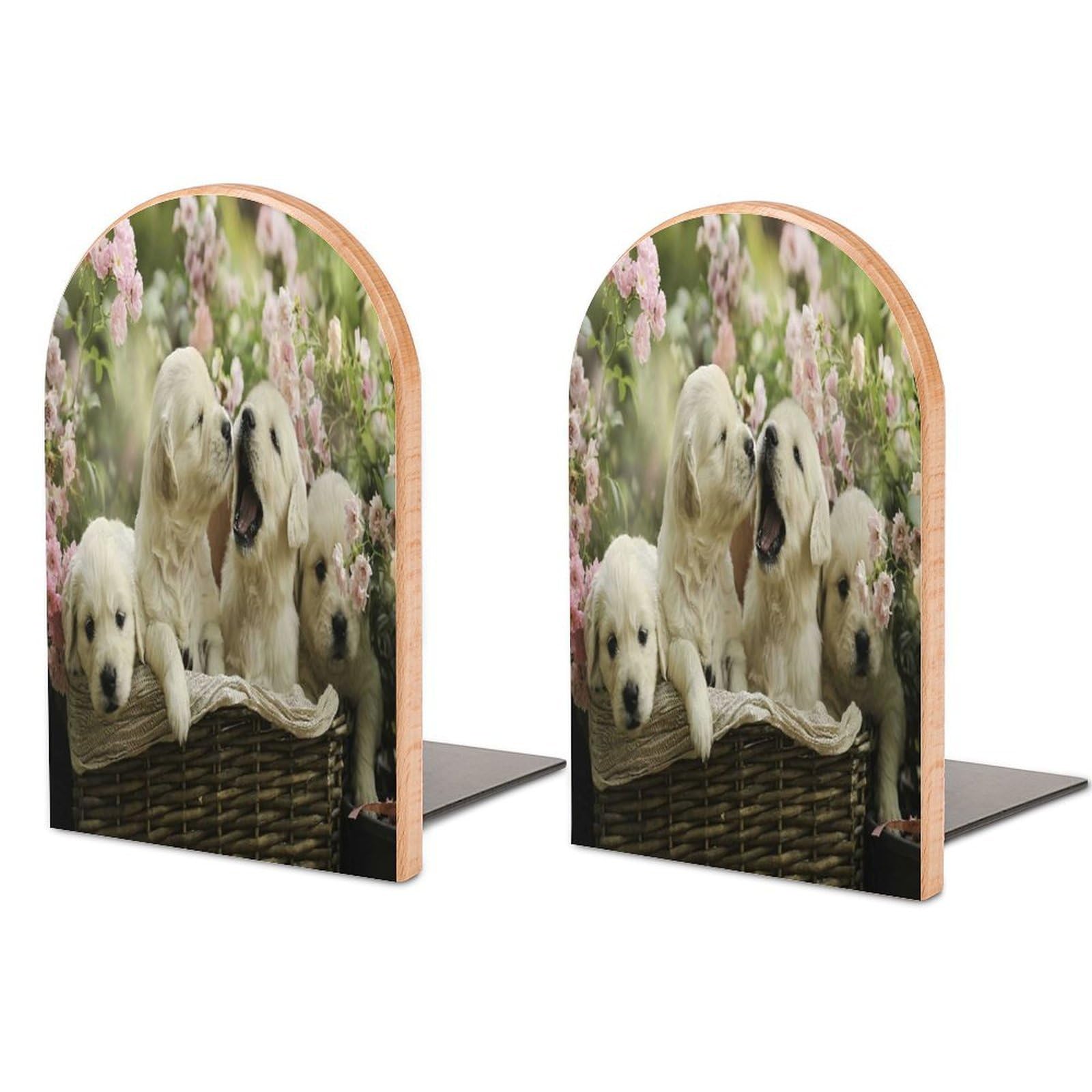 Red Puppy Little Golden Retriever Puppies in Basket Summer Pink Rose Beech Wood Bookends Heavy Duty Book Organizers Desktop File Holder for Office Home Bookshelf